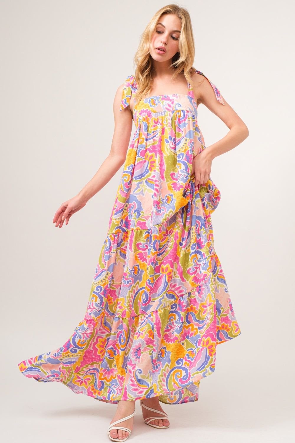 maxi dresses_Hazel Blues® |  And The Why Printed Tie Shoulder Tiered Maxi Dress - Multicolor / L