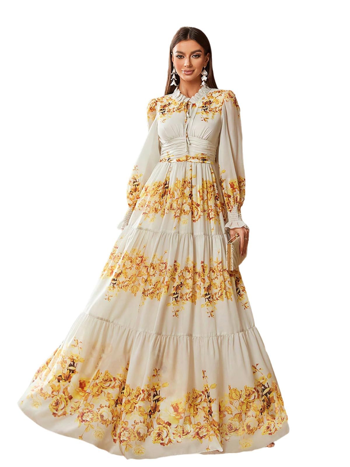 maxi dresses_Summer Casual Dresses for Women 2024 Spring Fashion Boho V Neck Long Sleeve Ruffle Floral Print Elegant Maxi Dress