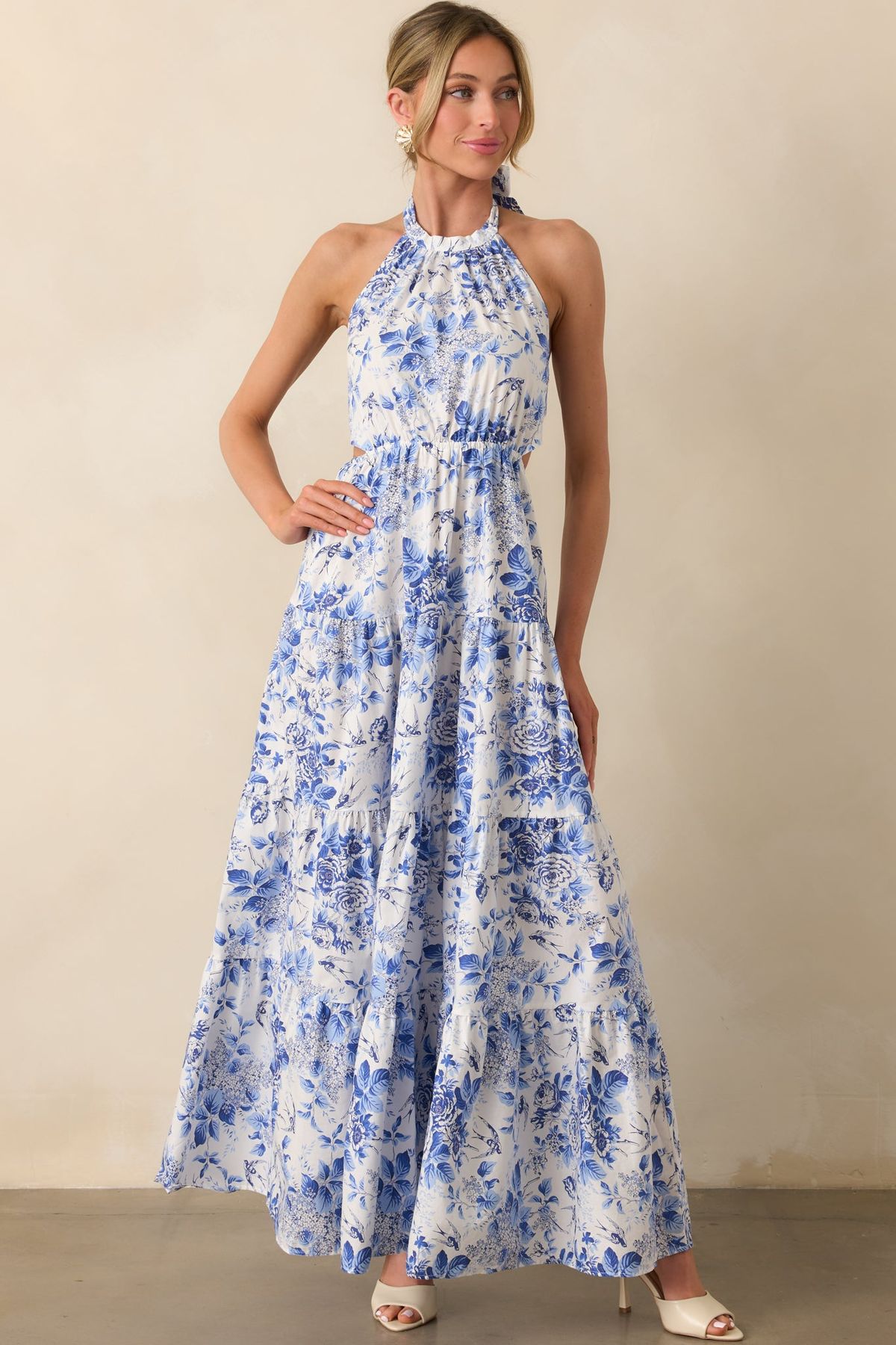 maxi dresses_Secret Garden Blue Floral Cotton Halter Maxi Dress - L / Blue