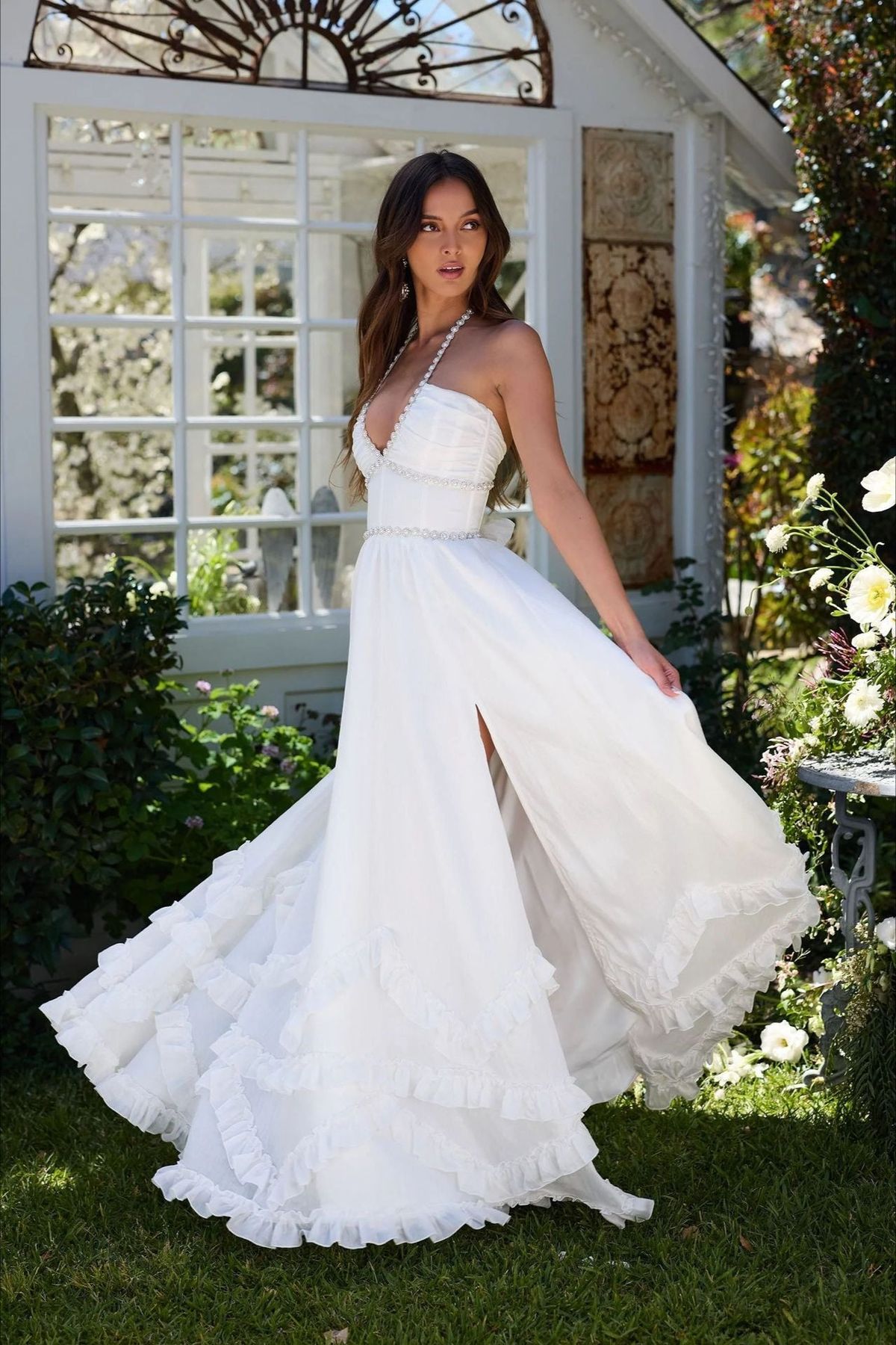 maxi dresses_Elegant Floral Print Sleeveless Maxi Party Dress - L White