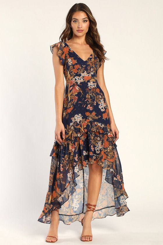 maxi dresses_Stunning Favorite Navy Blue Floral Ruffled High-Low Maxi Dress