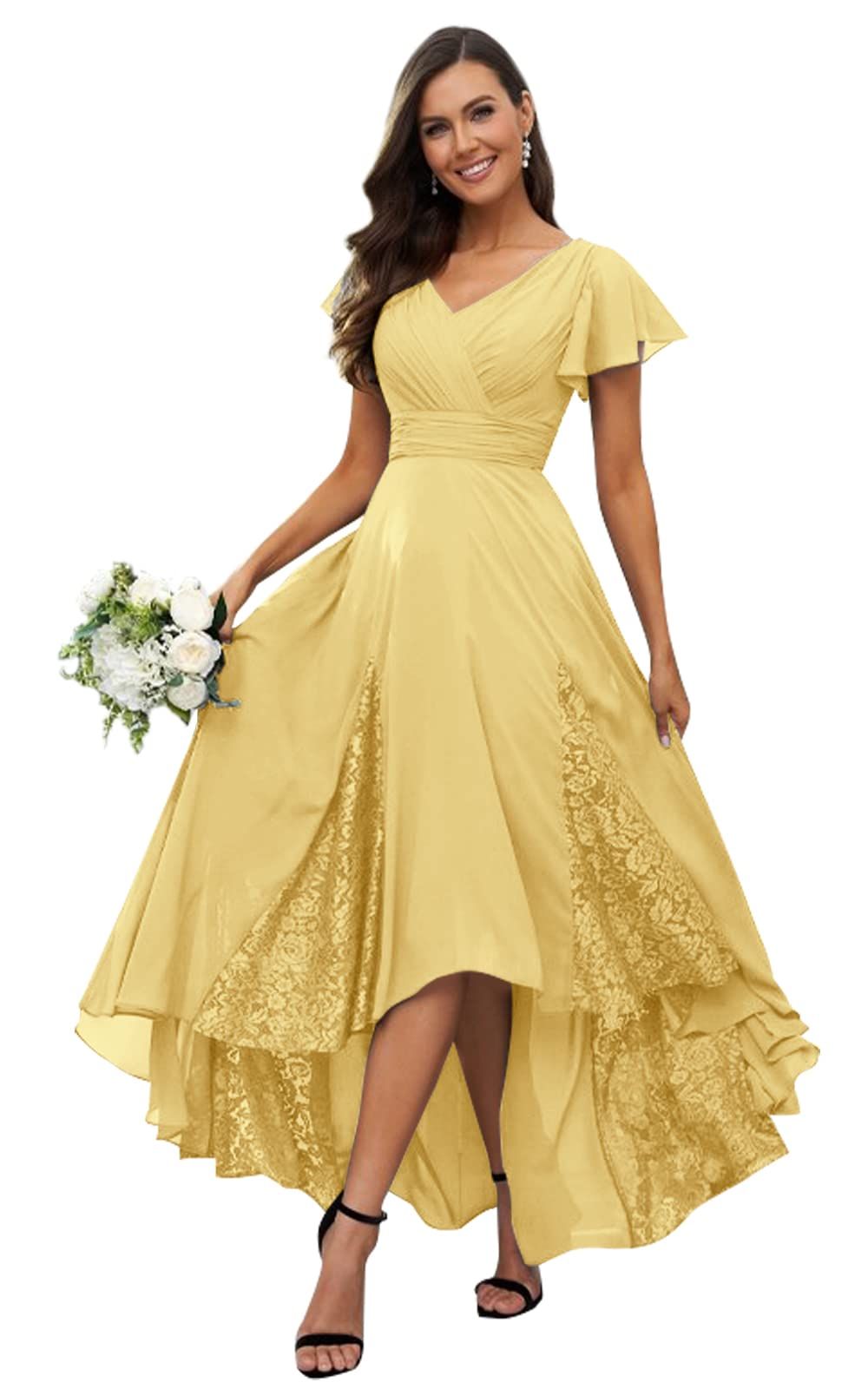 elegant dresses_HANVAIOS Tea Length Mother of The Bride Dresses for Women Lace Chiffon Wedding Guest Dress with Sleeves