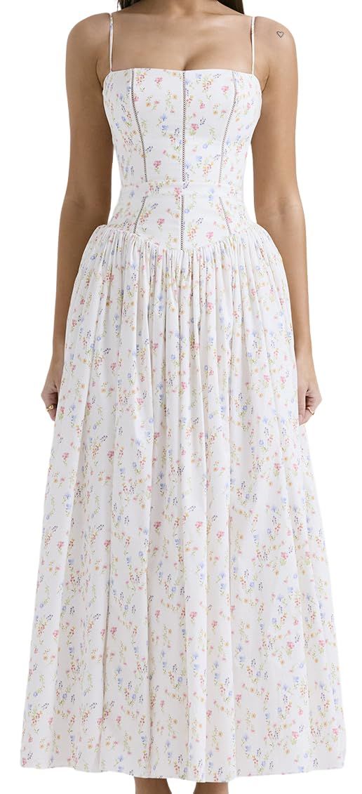maxi dresses_Lexamen Women's Casual Bohemian Floral Printed Strapless Backless Beach Party A-Line Flowy Long Maxi Dress Summer