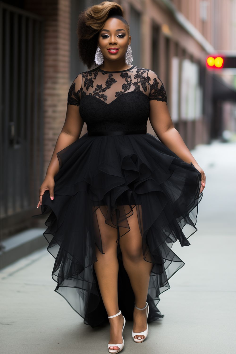 black dresses_Xpluswear Design Plus Size Cocktail Party Black Round Neck Short Sleeve High Low Hem Ruffle Tulle Mini Dresses Black-L/10-12