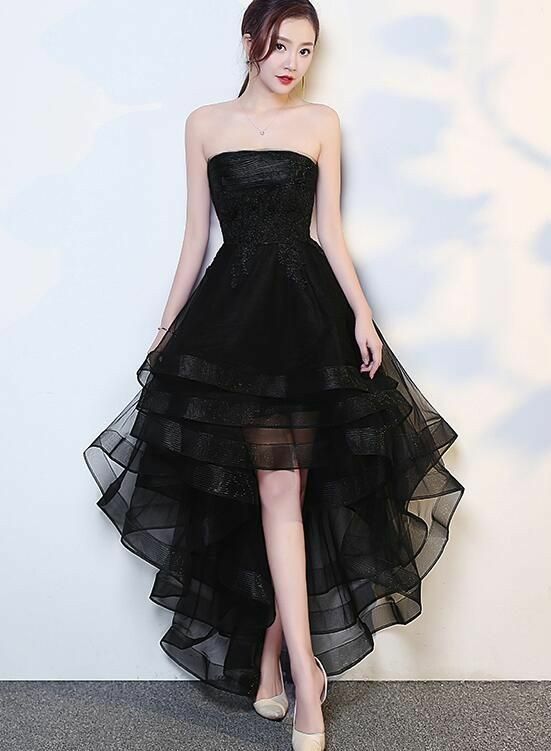 black dresses_Black High Low Tulle Modest Short Prom Dress,Sexy Cocktail Homecoming Dress,Charming Party Dress，554