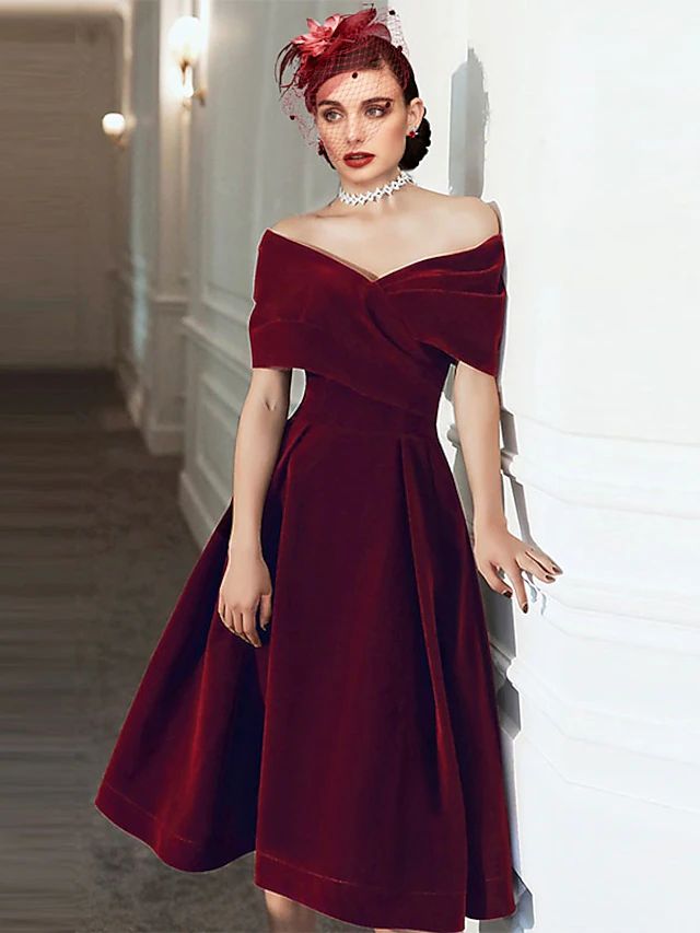 elegant dresses_A-Line Cocktail Dresses Elegant Dress Wedding Guest Knee Length Short Sleeve Off Shoulder Velvet with Pleats Pure Color Dresses 2025 - $129.99