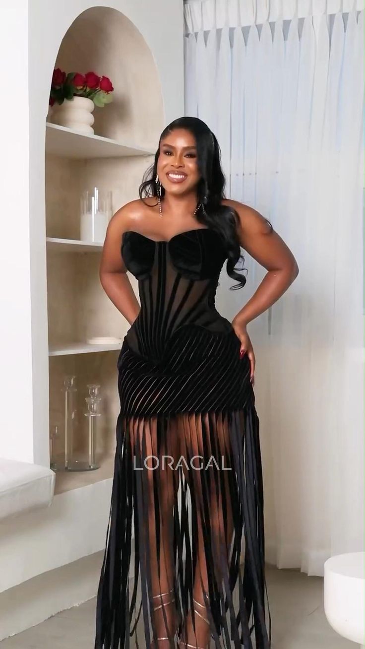 black dresses_Strapless Semi-Sheer Corset Fringe Party Maxi Dresses-Black