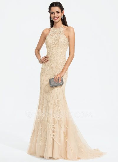 elegant dresses_[€ 274] Robe de bal sirène col rond traîne balayage tulle dentelle avec paillettes  - JJ's House