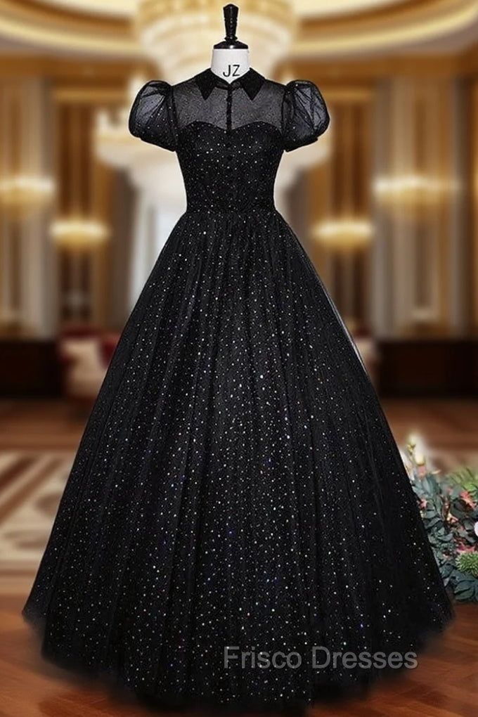 black dresses_Black Tulle Puff Sleeve Formal Prom Dress - Black / US8