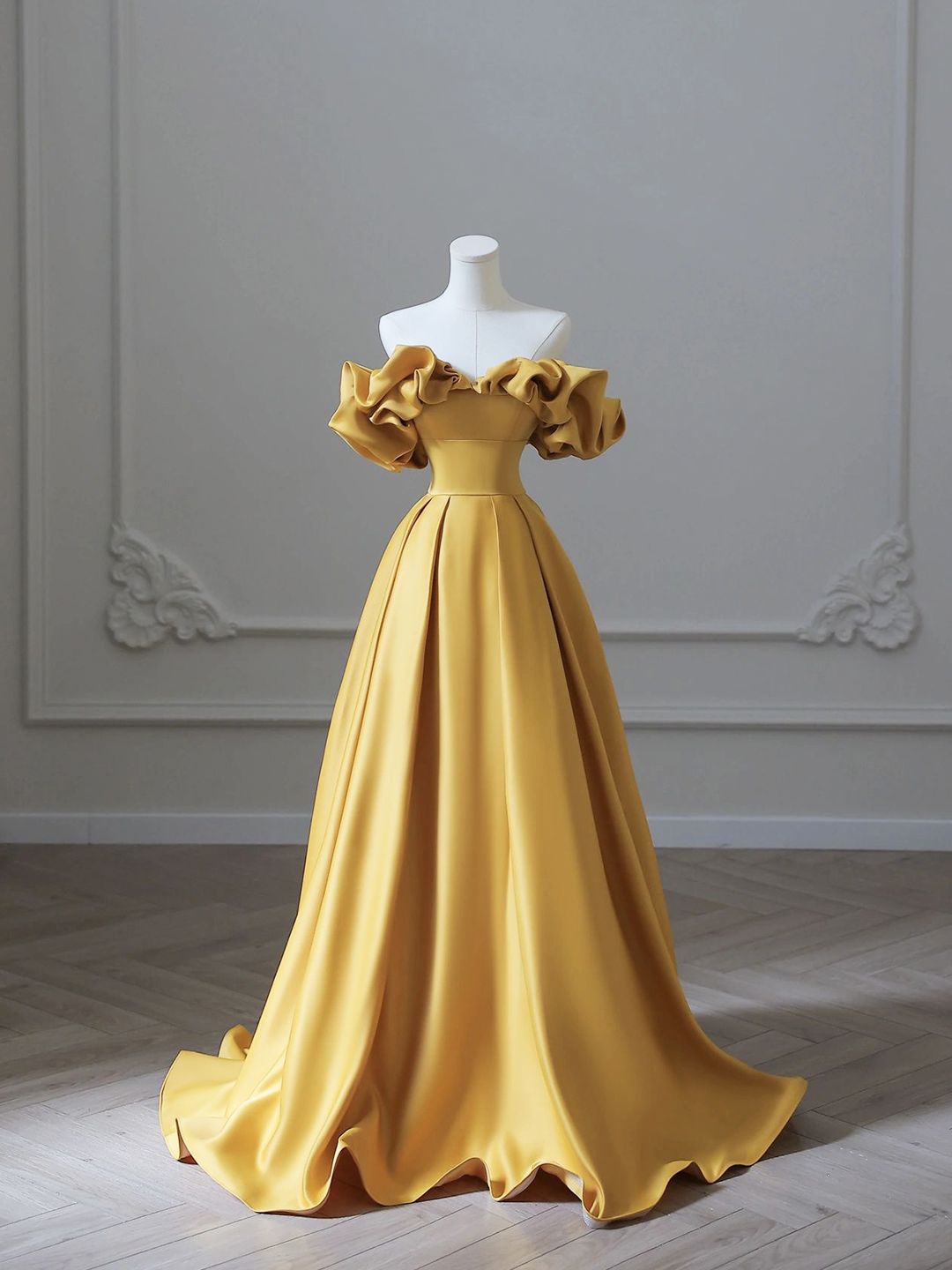 elegant dresses_Yellow Saitn Long Prom Dress, Off Shoulder Evening Party Dress