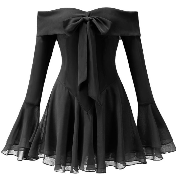 black dresses_Long Sleeve Bardot A Line Dress Black