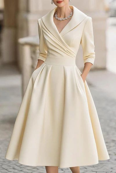 elegant dresses_Solid Color Elegant Long Sleeve Waist Pocket Midi Dress