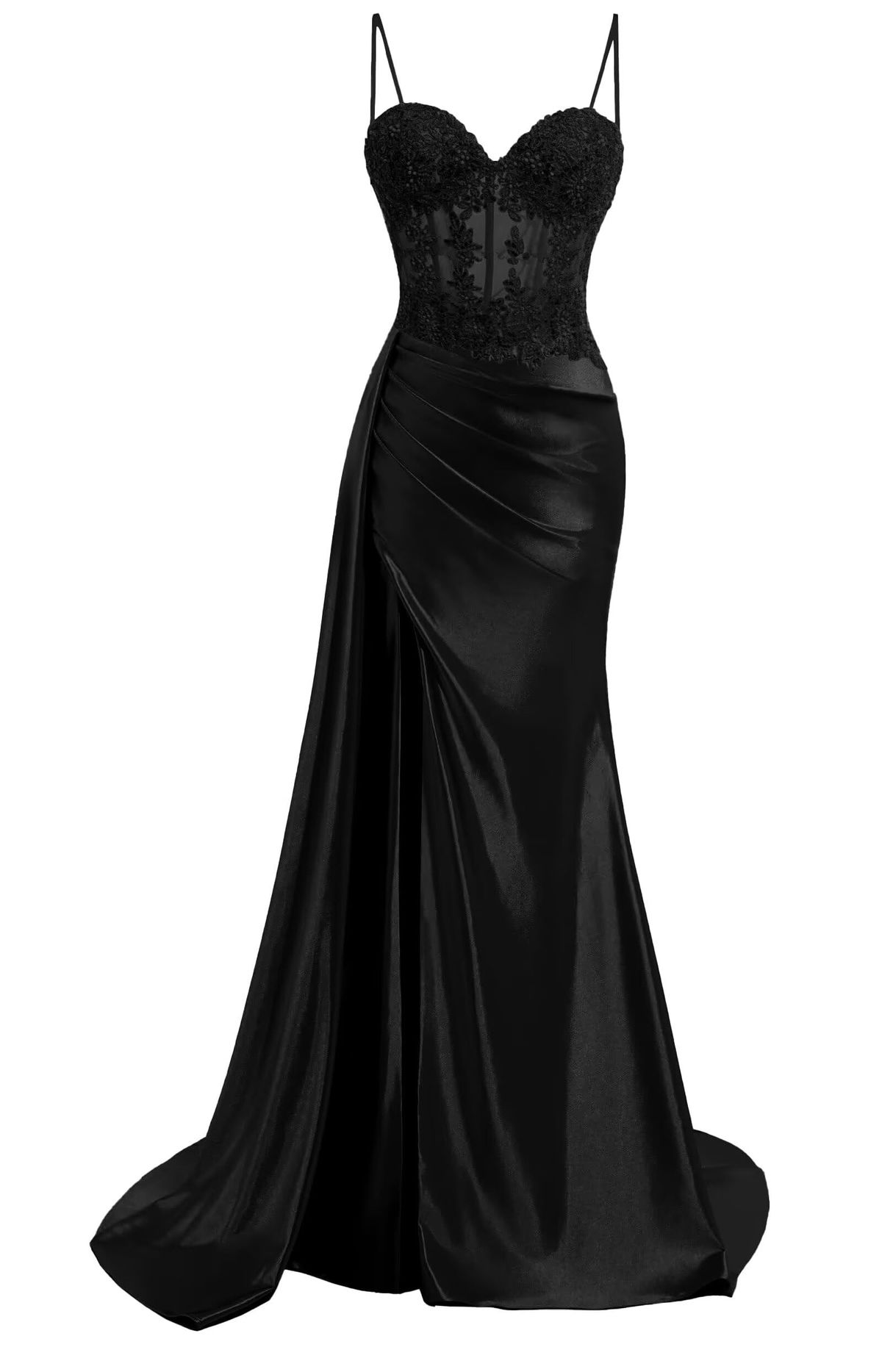 black dresses_Satin Mermaid Prom Dress with Slit Spaghetti Strap Lace Pleated Sweetheart Long Formal Evening Party Gown