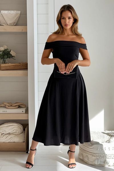 black dresses_Black Off Shoulder Pleated Flare Midi Dress
