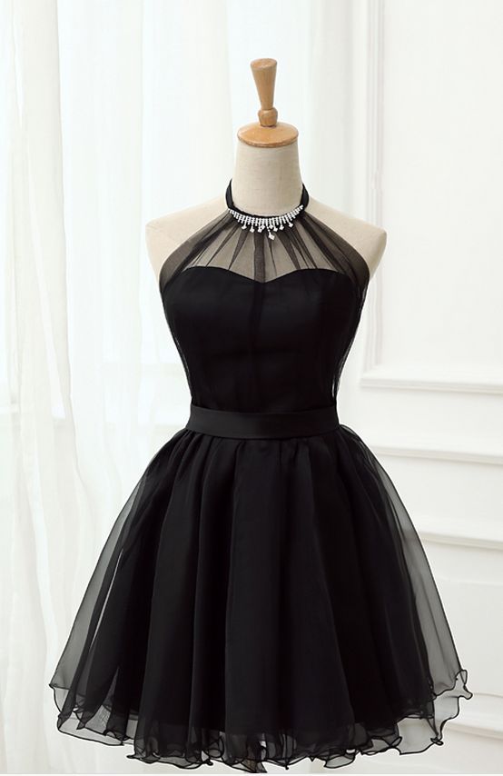 black dresses_Halter Black Tulle Short Prom Dress