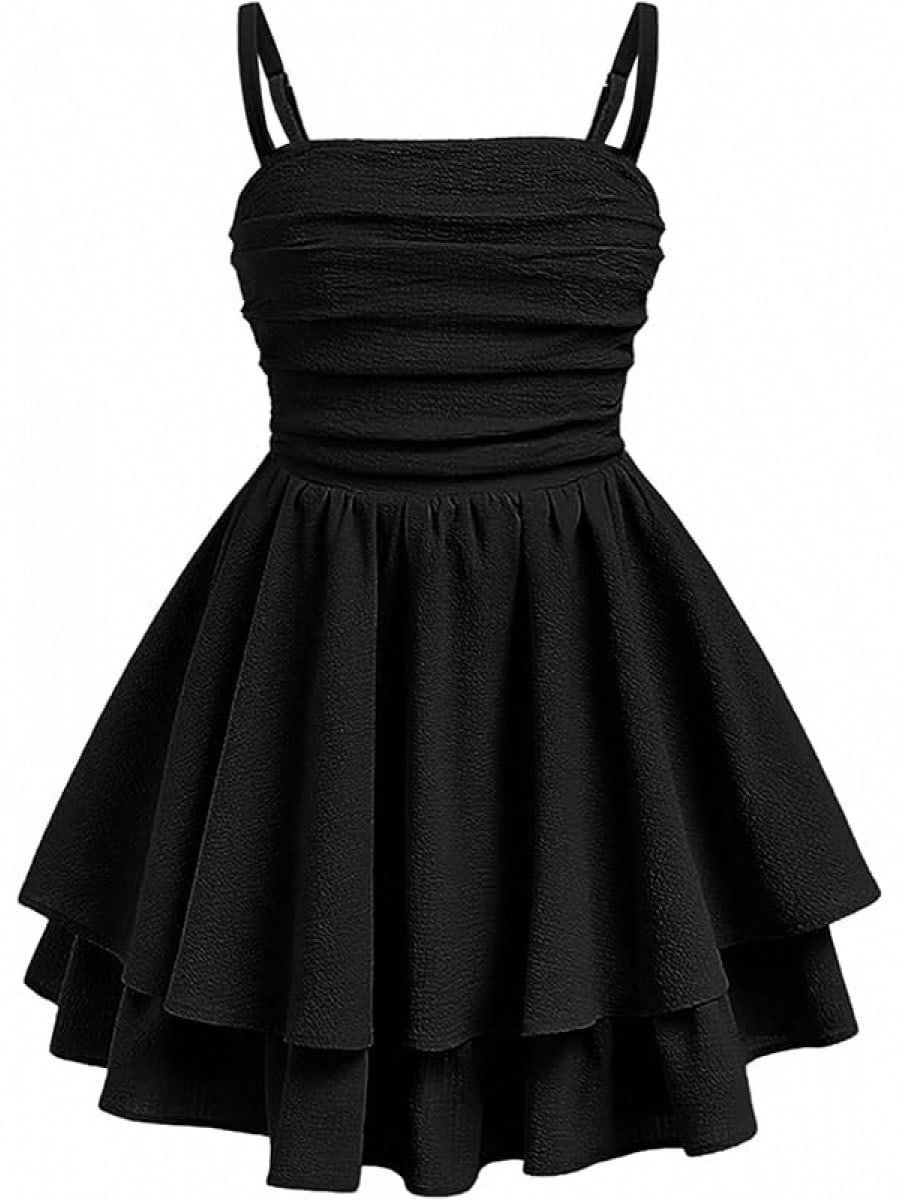 black dresses_Girls Formal Dress Teen Ruffled/Bubble Flowy Ruched Spaghetti Strap Homecoming Dance Party Tween Dresses 8-14Y
