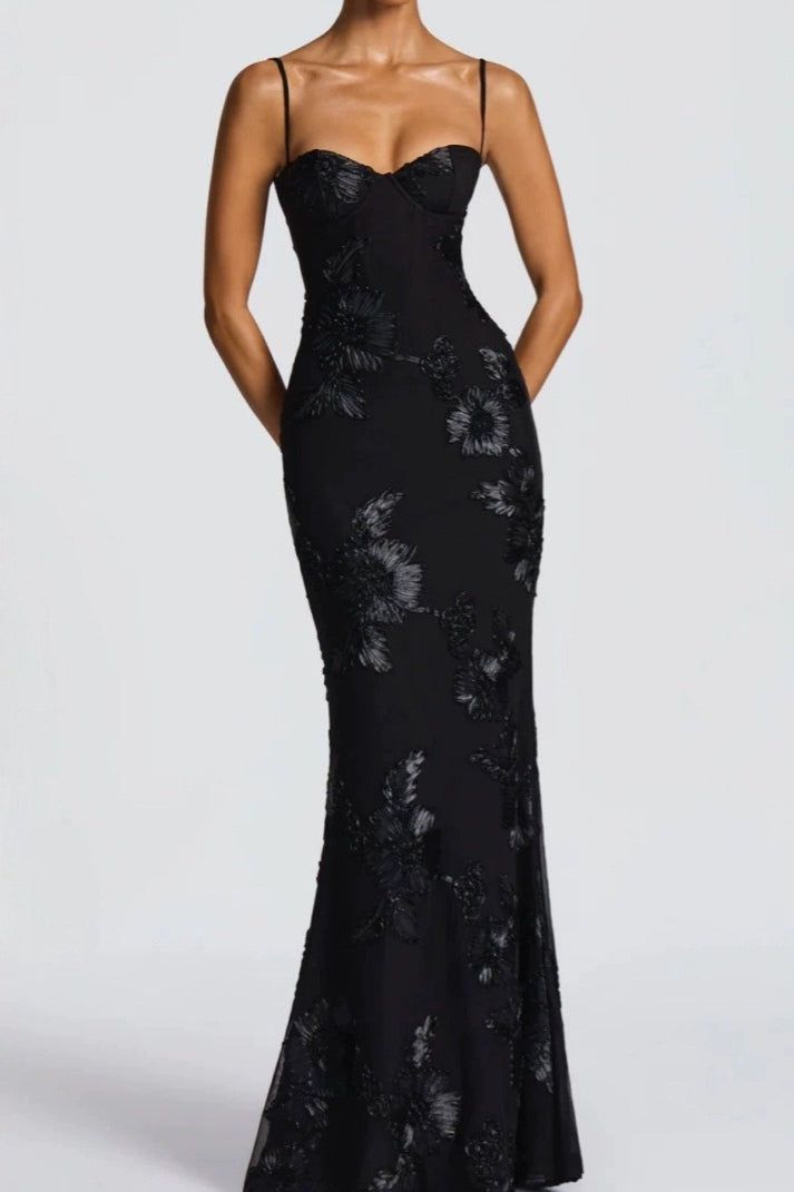 black dresses_Strapless Floral Embroidered Maxi Dress