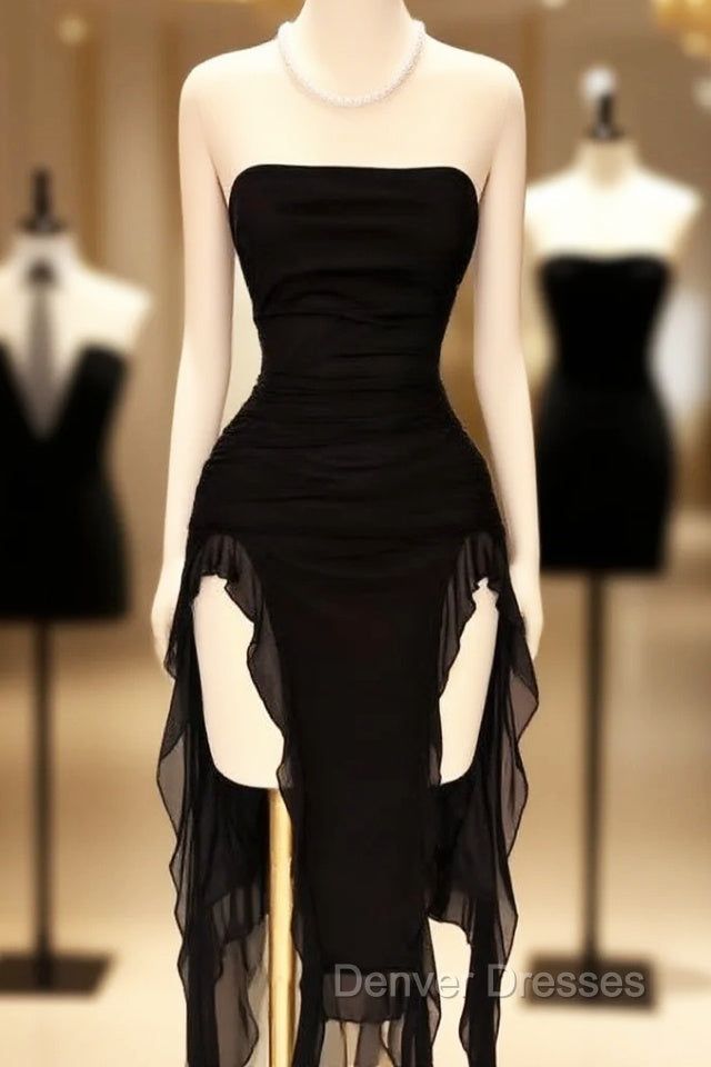 black dresses_Black Strapless Midi Length Ruffle Prom Dress Sexy Evening Dress