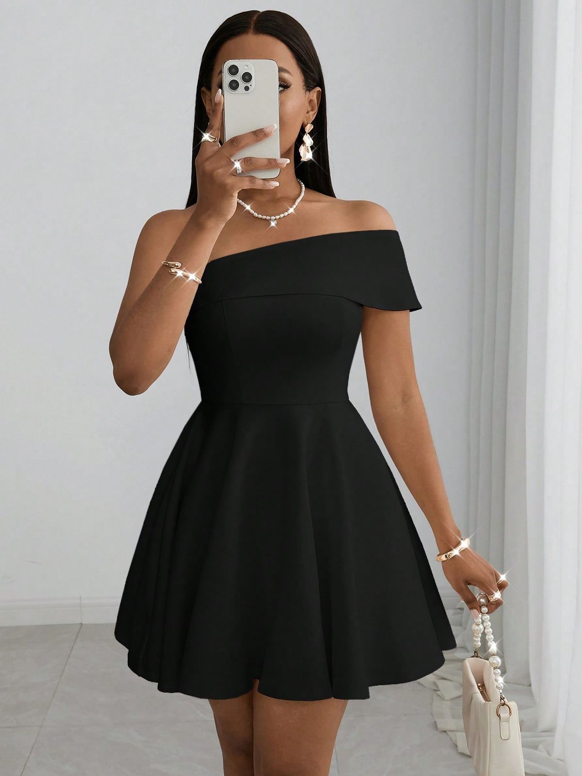 black dresses_2025 Spring/Summer New Elegant Holiday Slim Asymmetrical Shoulder Black Mini Dress, Suitable For Wedding, Music Festival, Party, Clubbing, Evening,Dresses For Women Summer