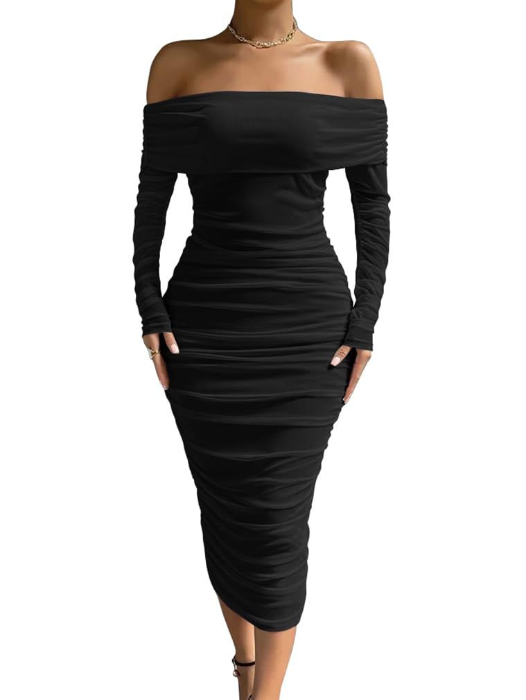 black dresses_LAGSHIAN Women Sexy Off Shoulder Long Sleeve Bodycon Ruched Midi Elegant Cocktail Party Dress