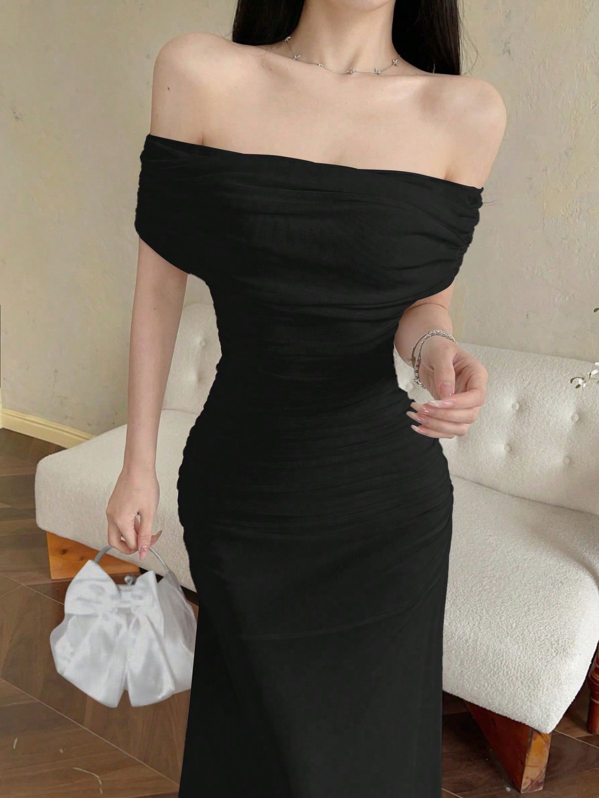 black dresses_Women's Elegant Off Shoulder Ruched Waist Dress, Perfect For Wedding, Dates And Occasions