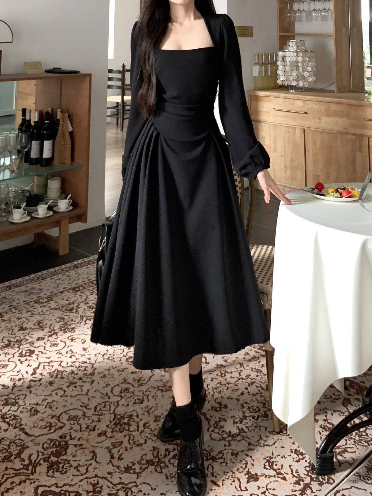 black dresses_Zingj Elegant Party Casual Lady Long Dresses Retro Folds Puff Sleeves Fashionable Sexy Design Slimming Waist Green Dress 211-0-Outfit Ideas black-XXL