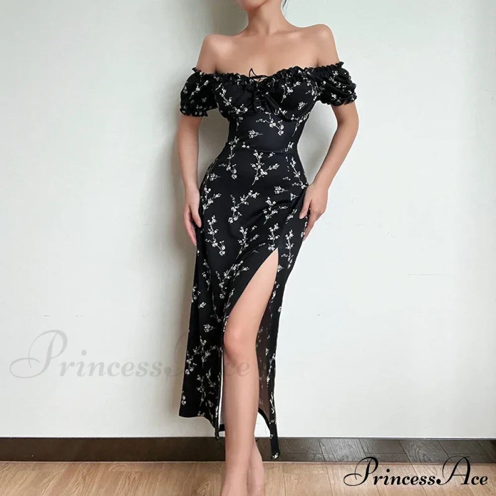 black dresses_Off Shoulder Flower Print High Split Elegant Long Backless Bodycon Summer Floral Dress - Black / S