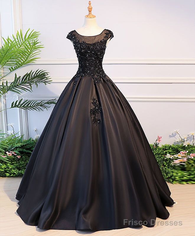 black dresses_Black Round Neck Lace Long Prom Dress, Black Evening Dress - Black / US14