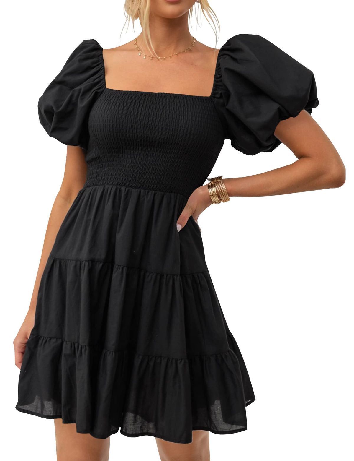 black dresses_ZESICA Women's Boho 2026 Summer Square Neck Puff Sleeve Off Shoulder Smocked Tiered Casual A Line Short Mini Dress