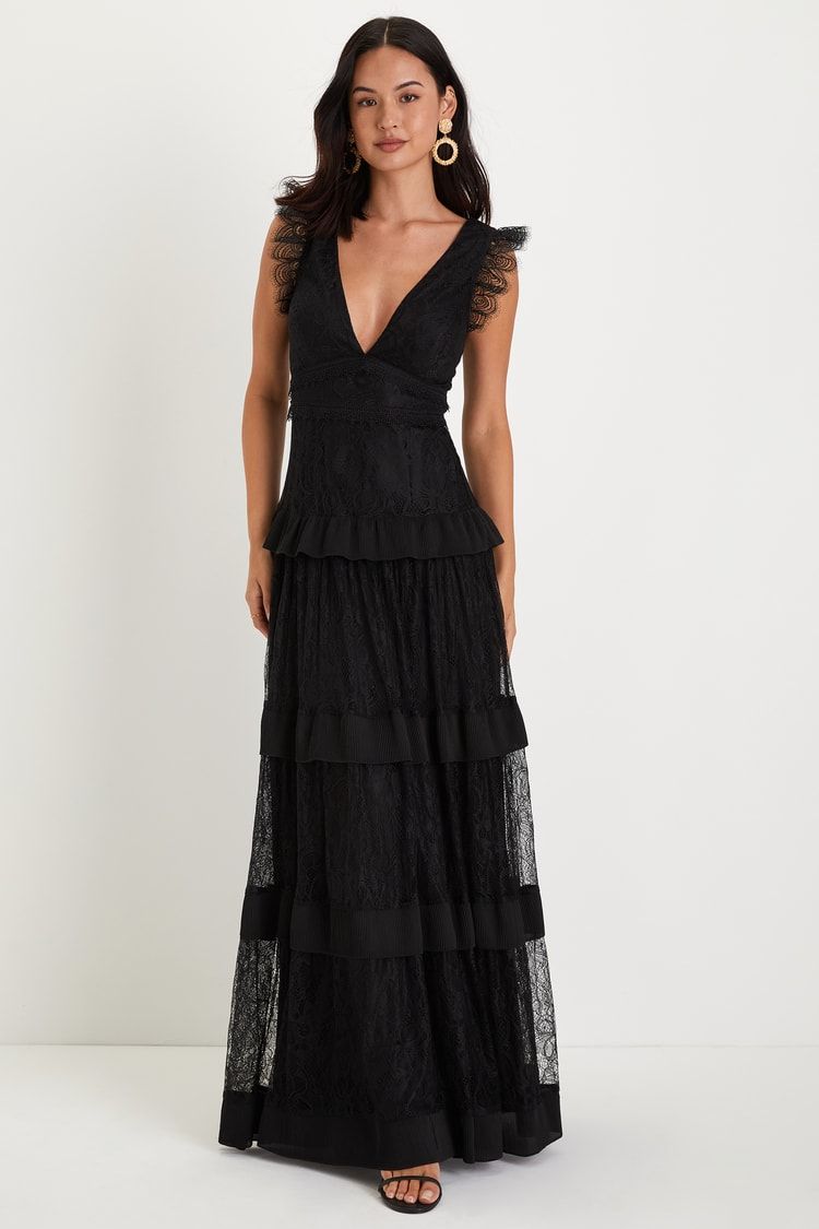 black dresses_Marvelous Darling Black Lace Ruffled Tiered Maxi Dress