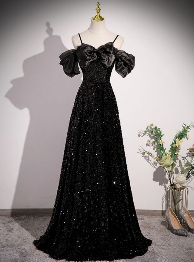 black dresses_Black Sequins Spaghetti Straps Bow Prom Dress