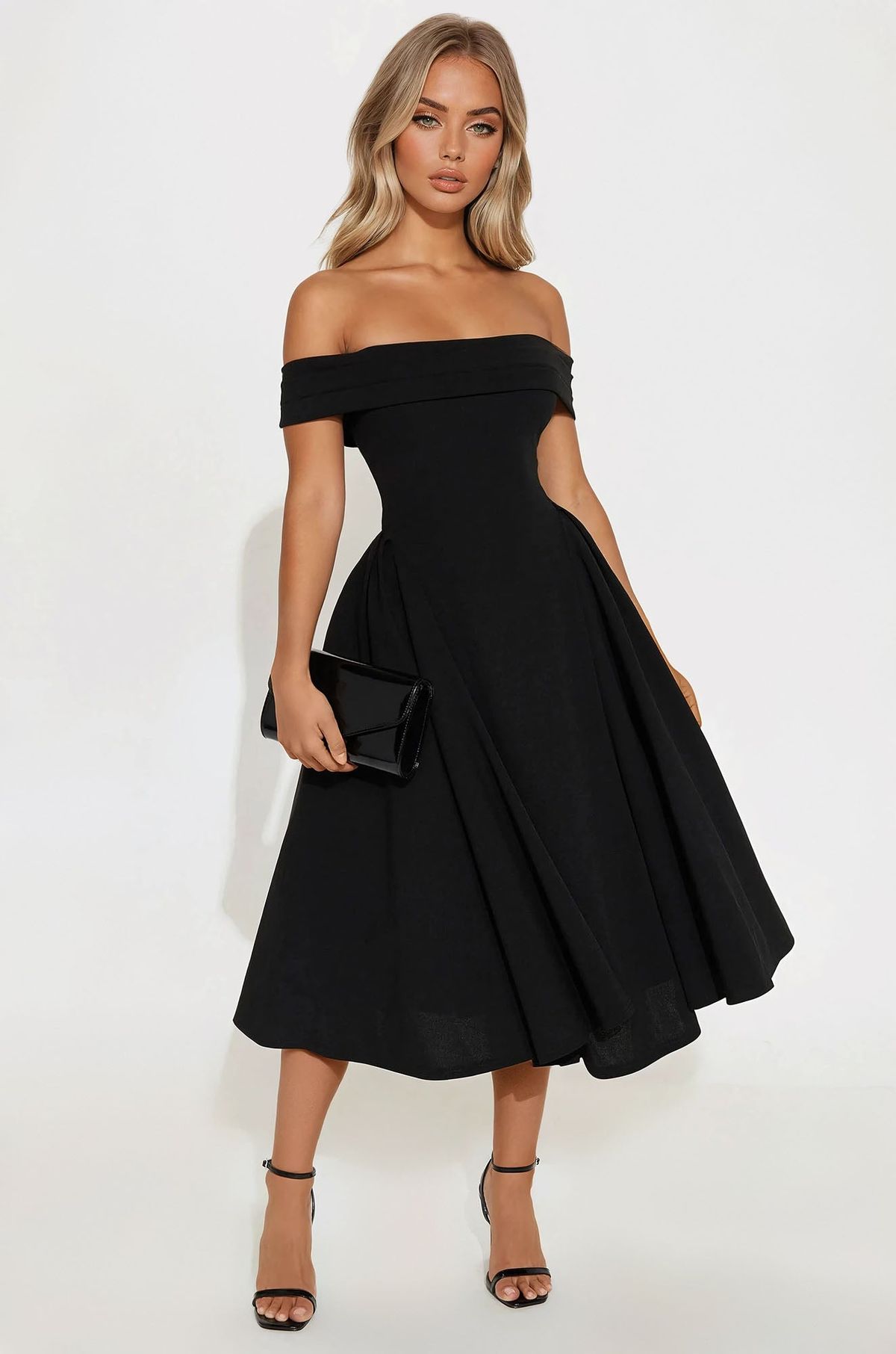 black dresses_Yara Off Shoulder Midi Dress - Black | Fashion Nova