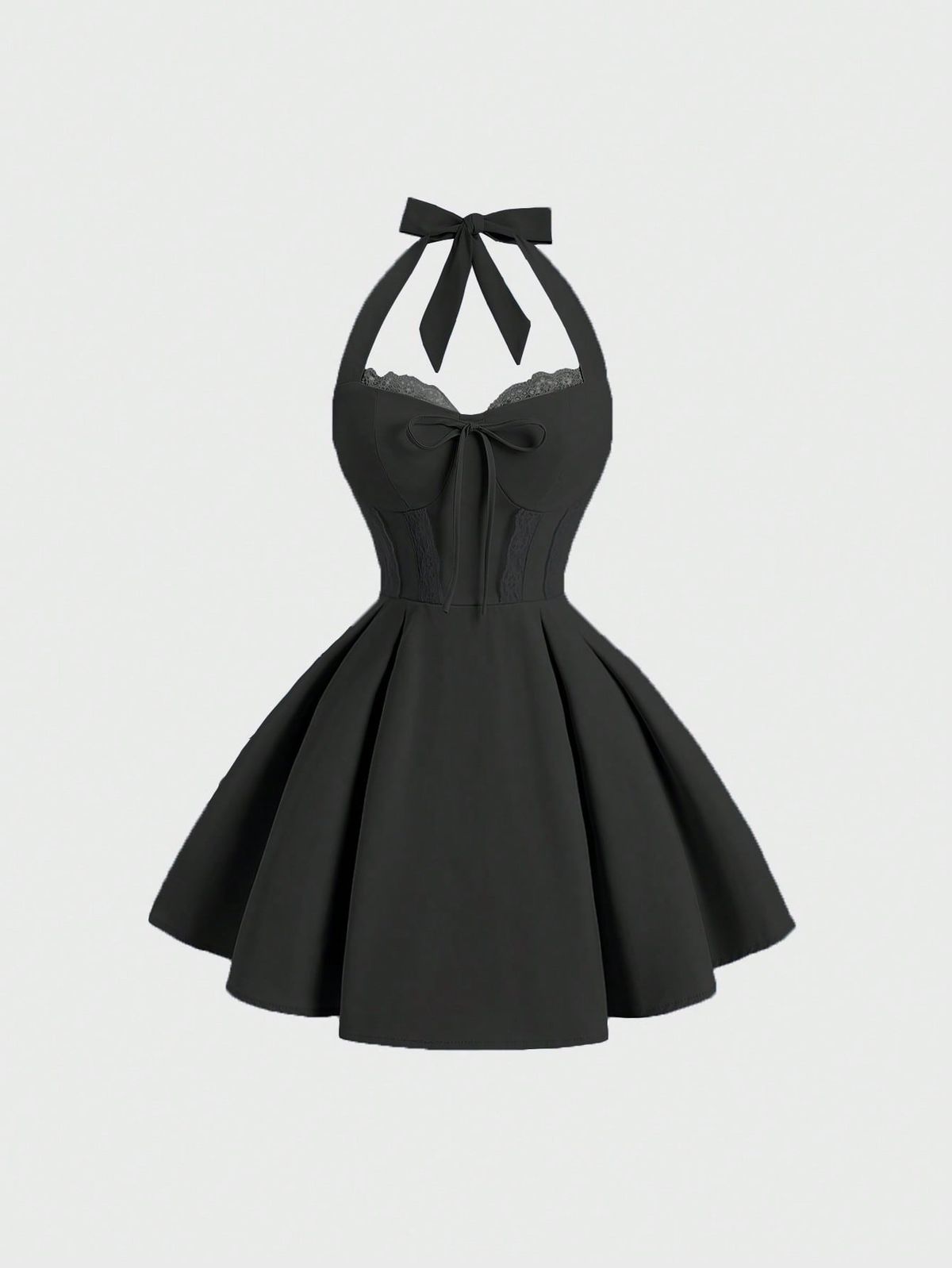 black dresses_Women's Fashionable Elegant Romantic Lace Trim Halter Mini Dress