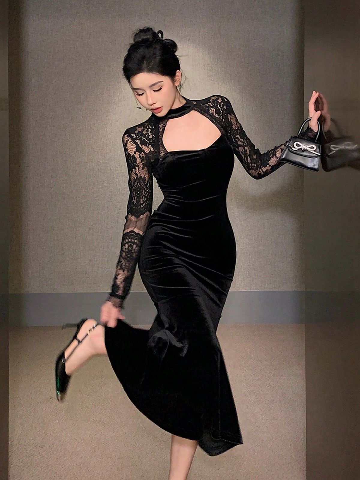 black dresses_Velvet Party, Back To School, Formal Occasion Long Sleeve Lace Patchwork Midi Dress For Women, Autumn/Winter Prom Dress Elegant Women Dresses New Year Eve Dress
