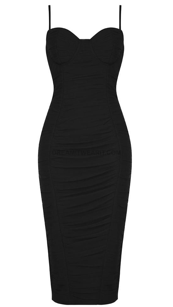 black dresses_Bustier Detail Ruched Midi Dress Black