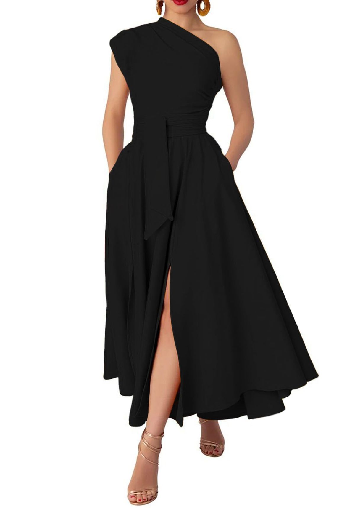 black dresses_Women's Cocktail Dress Elegant One Shoulder Pleated Bodycon Solid Split Dresses Party Maxi Dress
