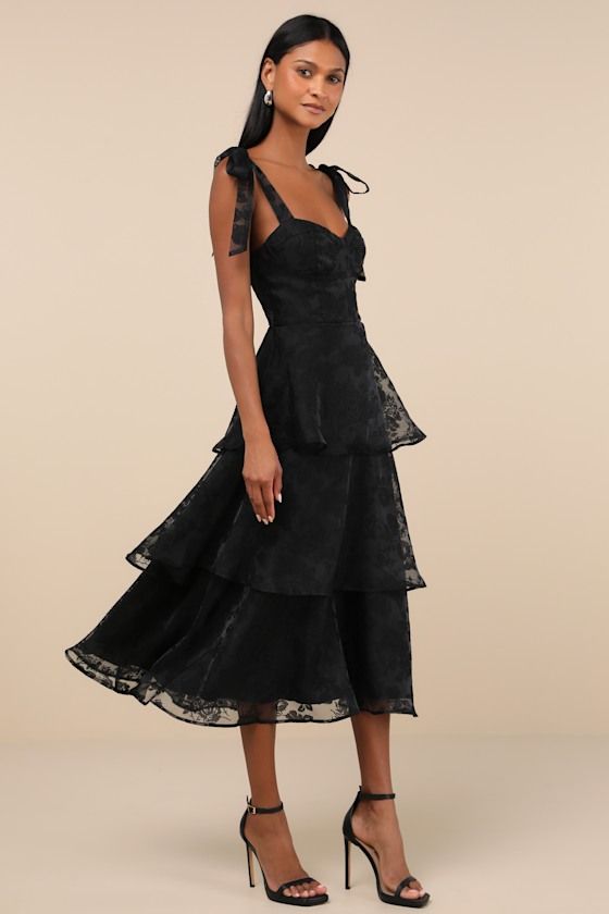 black dresses_Glamorous Sweetie Black Burnout Tie-Strap Bustier Midi Dress