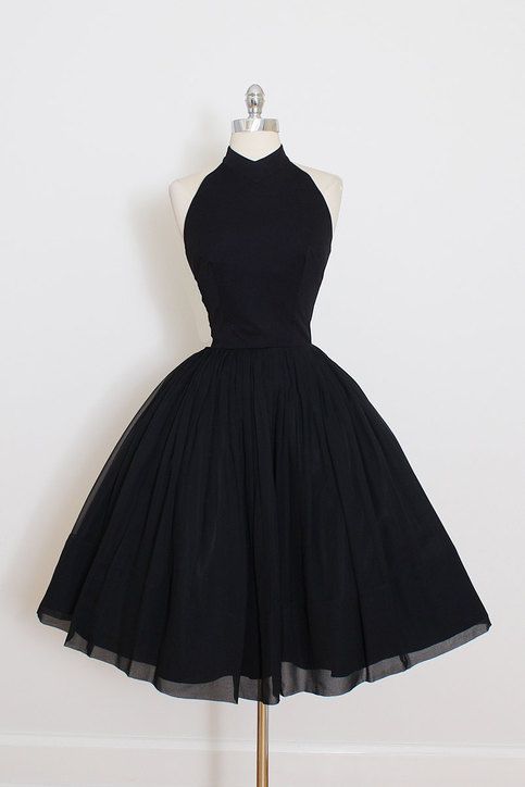 black dresses_Vintage Little Black Dress, Short Black Halter Prom Dress Homecoming Dress, 458