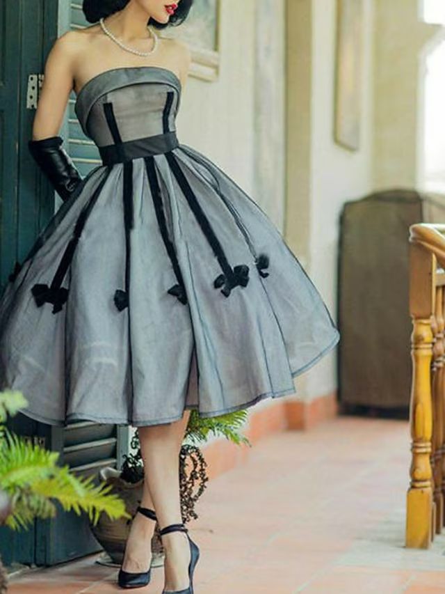 elegant dresses_A-Line Knee Length Prom Dresses Elegant Vintage 1950s Sleeveless Strapless Wedding Guest Party Wear Satin with Sash / Ribbon Pleats 2025 - $139.99