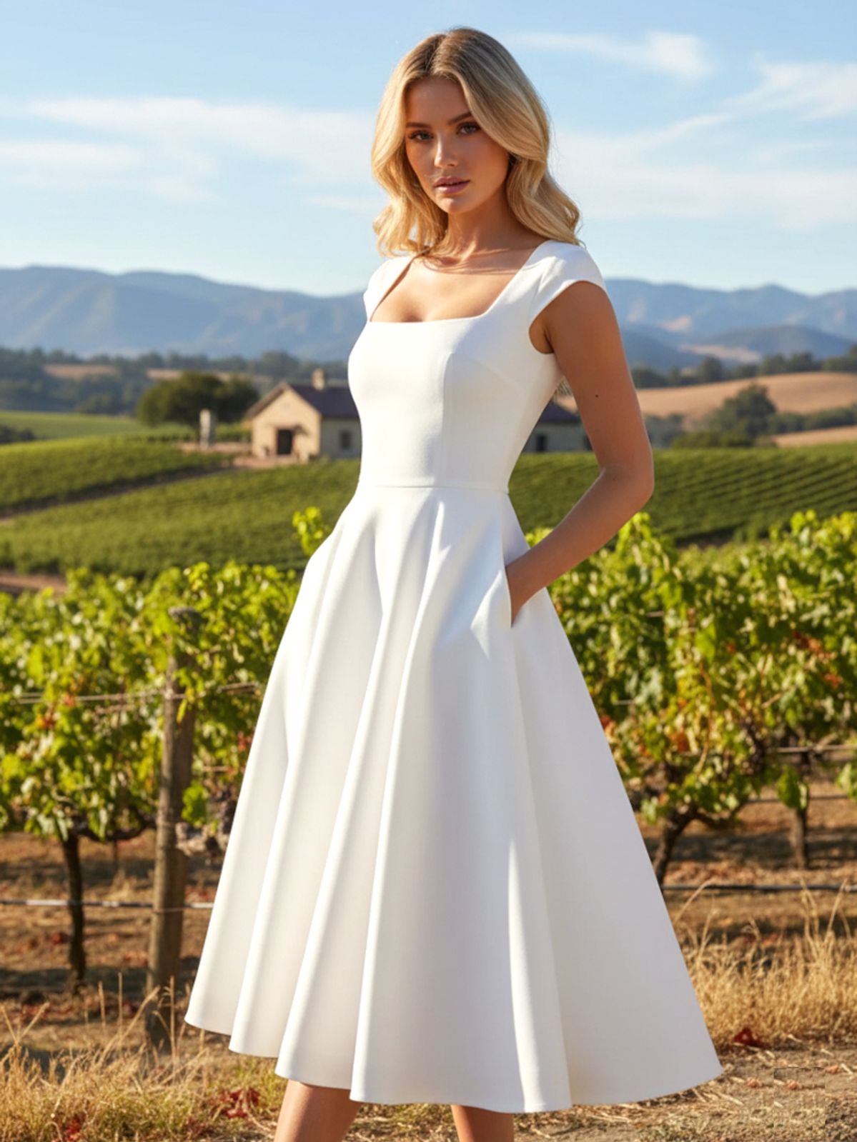 white dresses_Cap Sleeve A Line Corset Midi Dress White