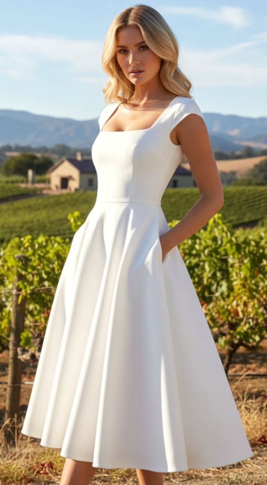 white dresses_Cap Sleeve A Line Corset Midi Dress White