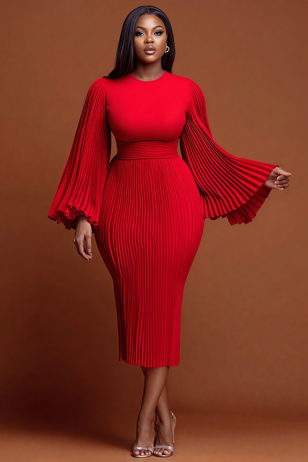 red dresses_Xpluswear Design Plus Size Christmas Red Round Neck Flare Long Sleeve Bodycon Elegant Pleated Knitted Midi Dresses [Pre-Order] Red-5XL/28
