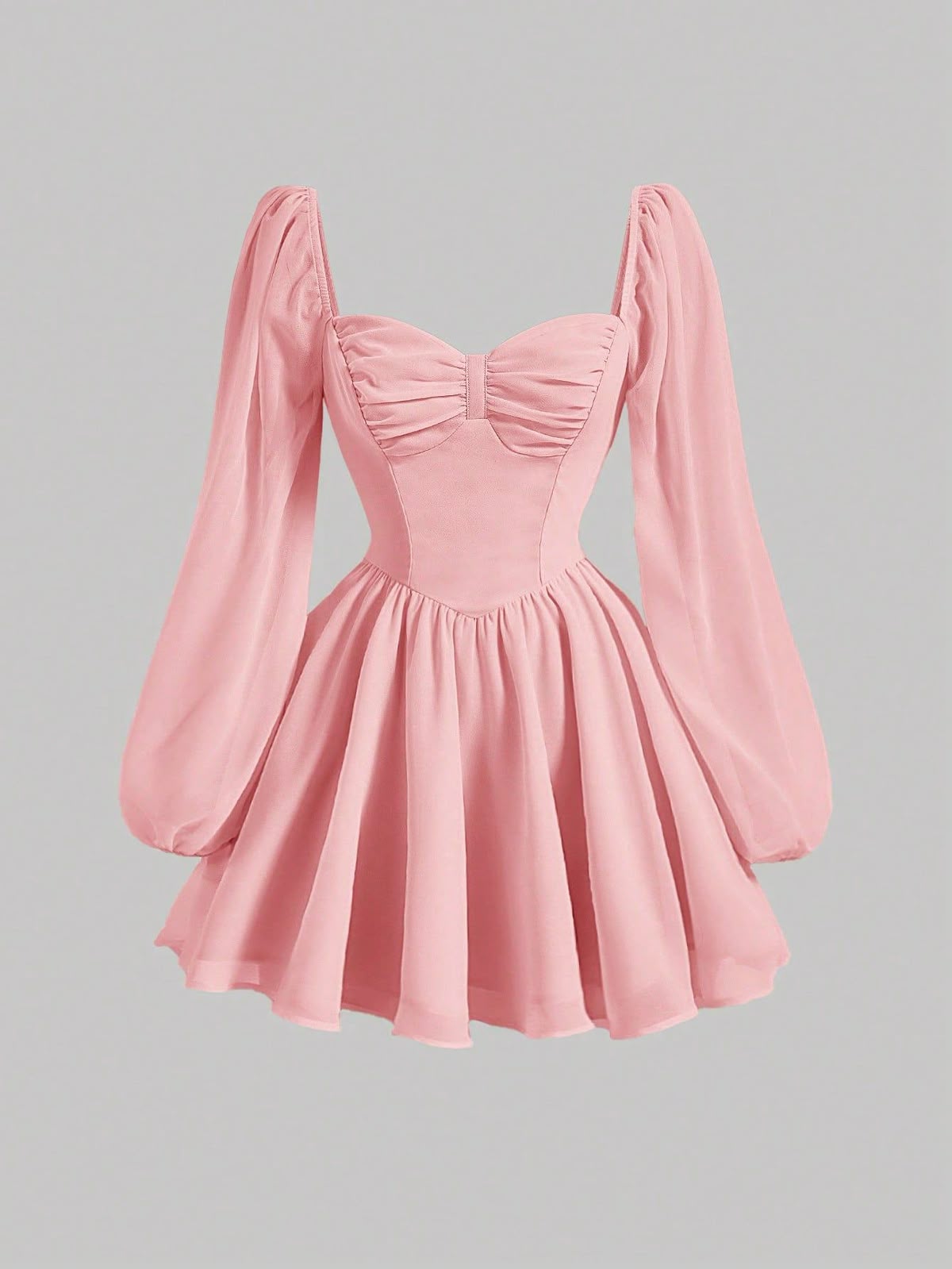 pink dresses_Sweetheart Neck Lantern Sleeve Butterfly Breast Cup Ruched Bust Pink Dress