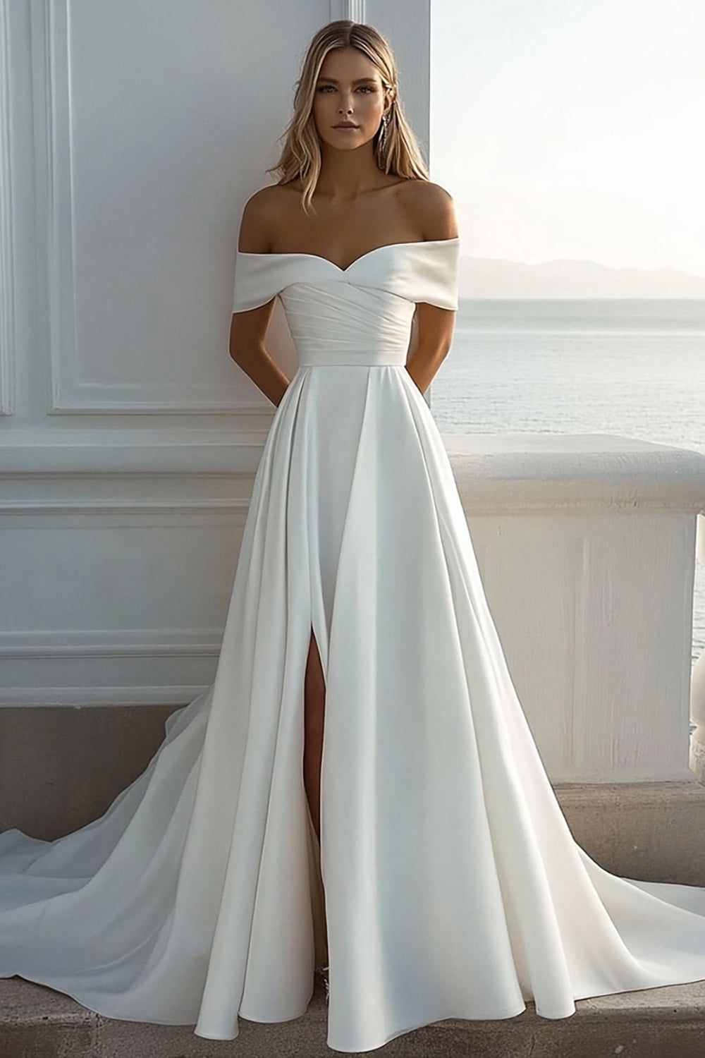wedding dresses_Off The Shoulder A Line Ivory Satin Wedding Dress With Slit