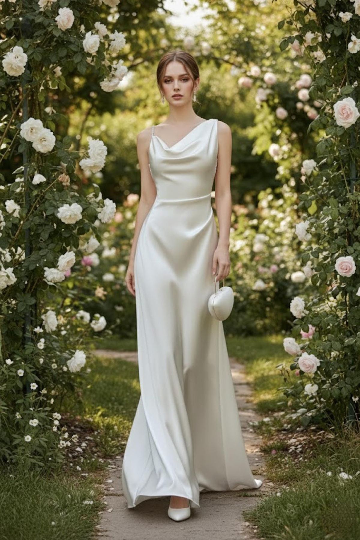 simple wedding dresses_Silk Wedding Dress, Draped Cowl Neck, Minimalist Bridal Gown