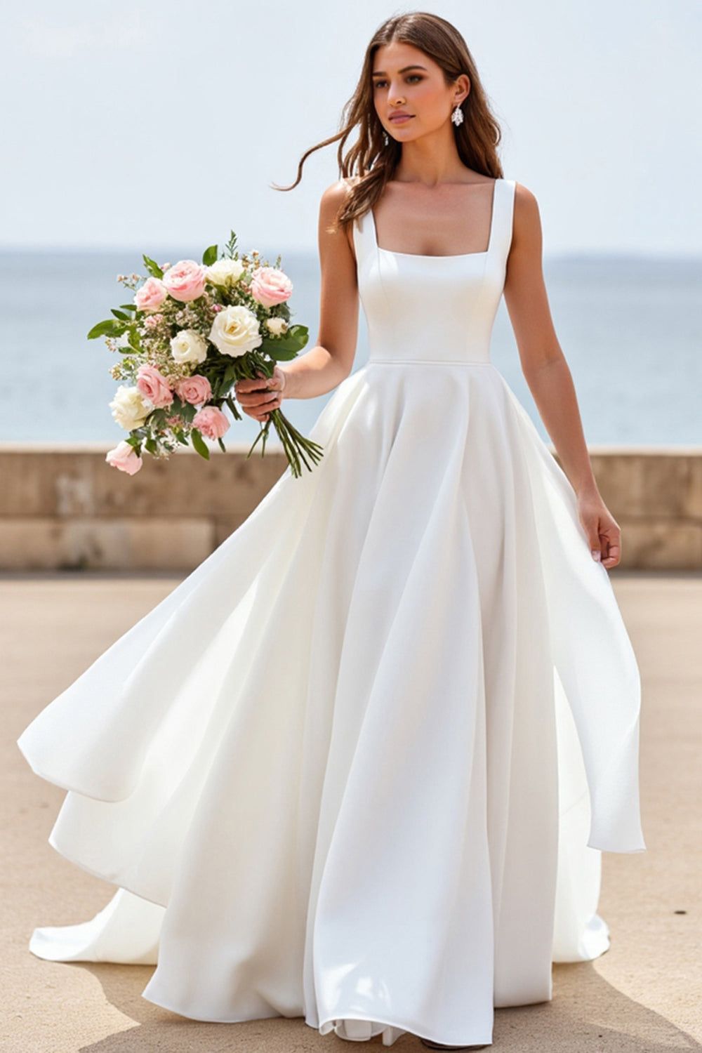 simple wedding dresses_Chiffon White A Line Square Neck Boho Wedding Dress