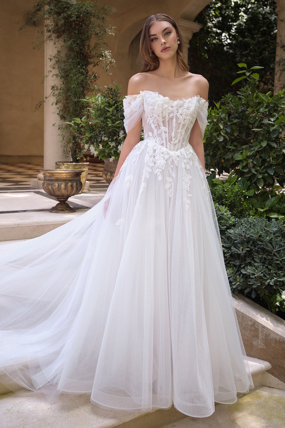 timeless wedding dresses_Applique Off Shoulder Bridal Gown by Ladivine WL089 - 14 / Off White