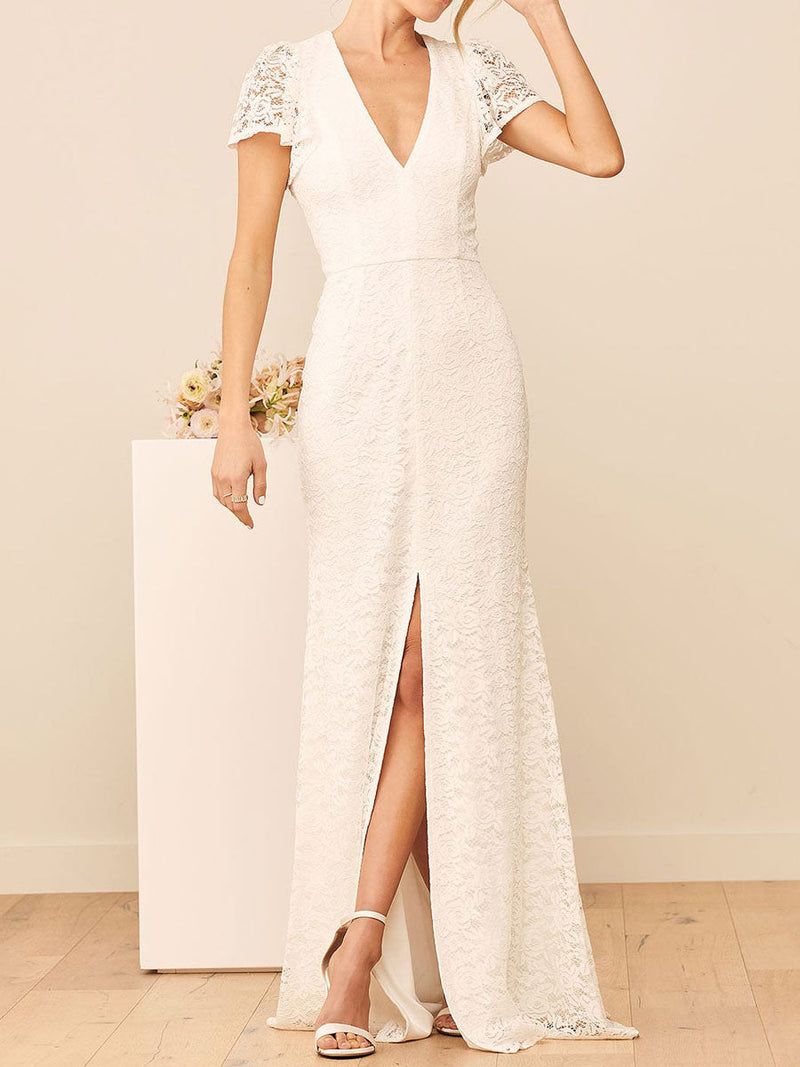 engagement dresses_Elegant Engagement Dress V Neck Short Sleeves Backless Natural Waist Floor Length Lace Engagement Dress