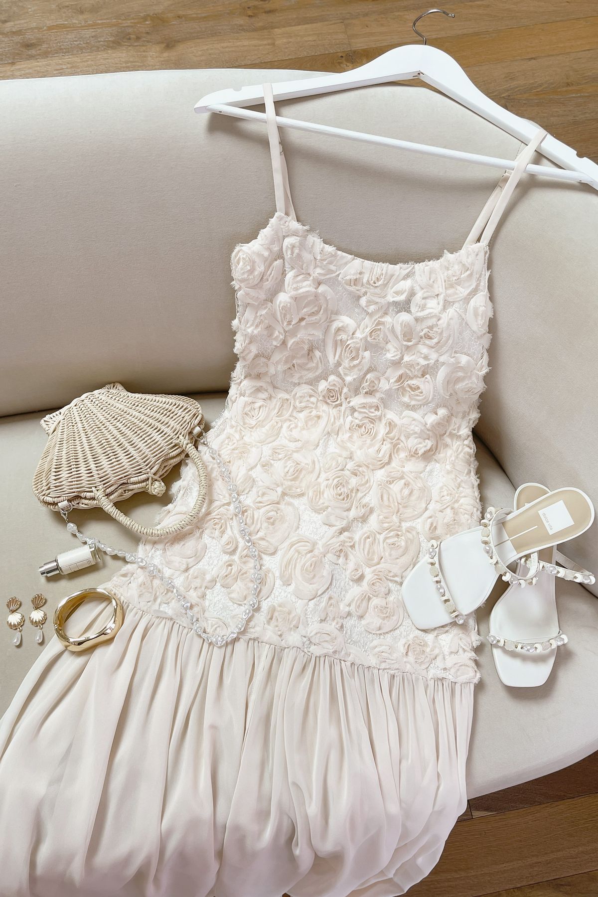 engagement dresses_Kalene Cream 3D Rosette Sheer Hem Maxi Dress