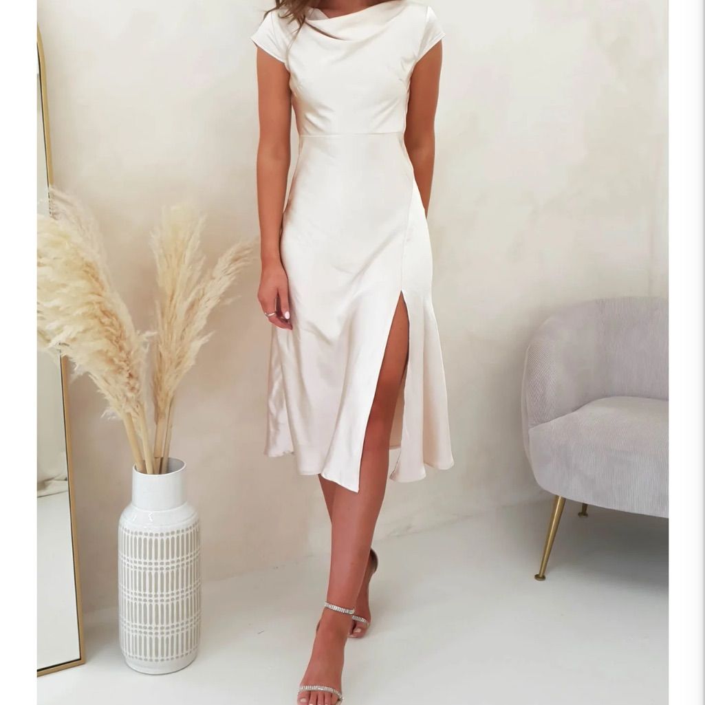 engagement dresses_Elegant Cream Midi Dress | Color: Cream | Size: L